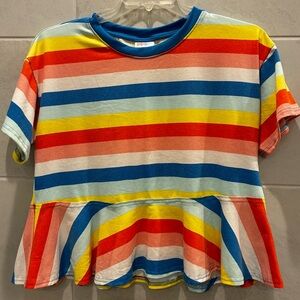 LuLaRoe June Ruffle Hem Top Cropped Rainbow Size Small